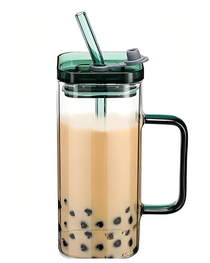 Square Glass Cups with Lids and Straws