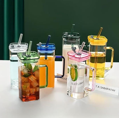 Square Glass Cups with Lids and Straws