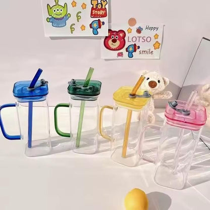 Square Glass Cups with Lids and Straws